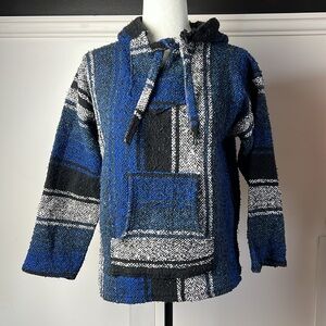Vintage Baja Hoodie Boho Mexican made in Mexico Black and Blue